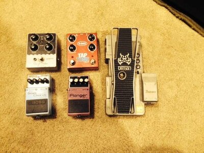 Trex TapTone, Ibanez Weeping Demon, Earthquaker Grand Orbiter, Boss CEB-3 Chorus and BF-2 Flanger