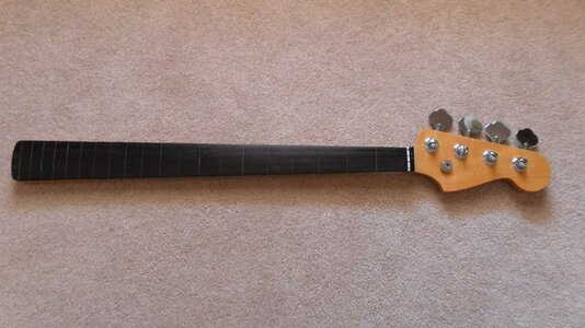 All Parts Fretless Jazz Bass Neck Ebony, Clear Gloss, Fender USA Tuners New Pics and Price!