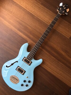 2014 Lakland USA Hollowbody – Sonic Blue, Chi-Sonics, 8.0 lbs, $1995!