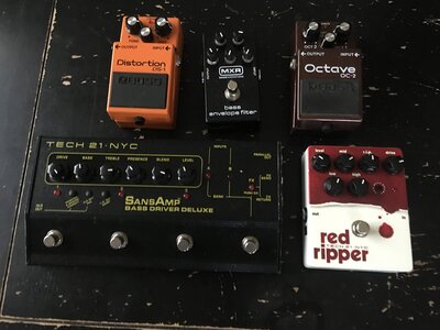 Sansamp bdd,mxr env fltr, boss octave, dist,tech21 red ripper