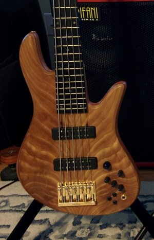 Fodera Emperor Deluxe 5, English Elm top, new price $7250