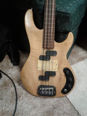 Unique fretless inspired by Lee Sklar's double reverse P Frankenbass