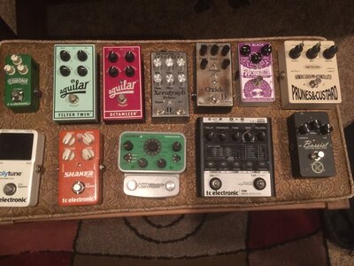 A dozen pedals - Iron Ether, Aguilar, Mr. Black, Keeley, Source Audio, Crowther,  and TC Electronic