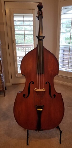 ~2010 unlabeled chinese 3/4 bass with case, pickup, and stand