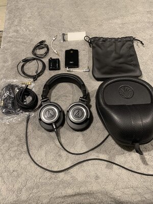 Audio Technica ATH-M50x Headphones + 2 Portable Headphone Amps, Case, Cables